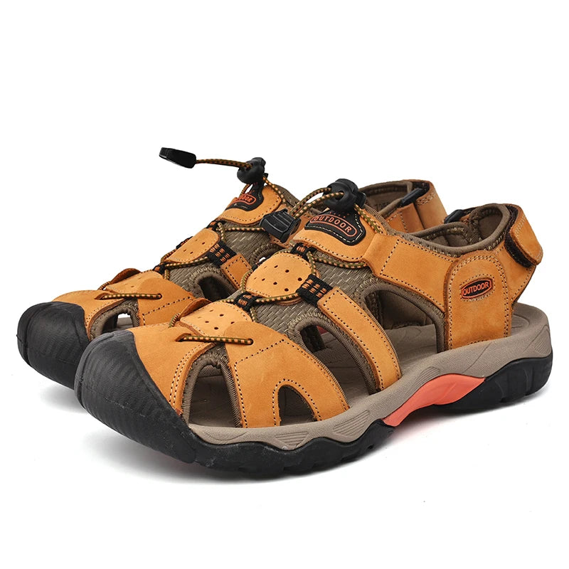 2024 Men Genuine Leather Shoes Men's Sandals Durable Handmade Stitching Close Toe Non Slip Footwear for Indoor Outdoor Beach