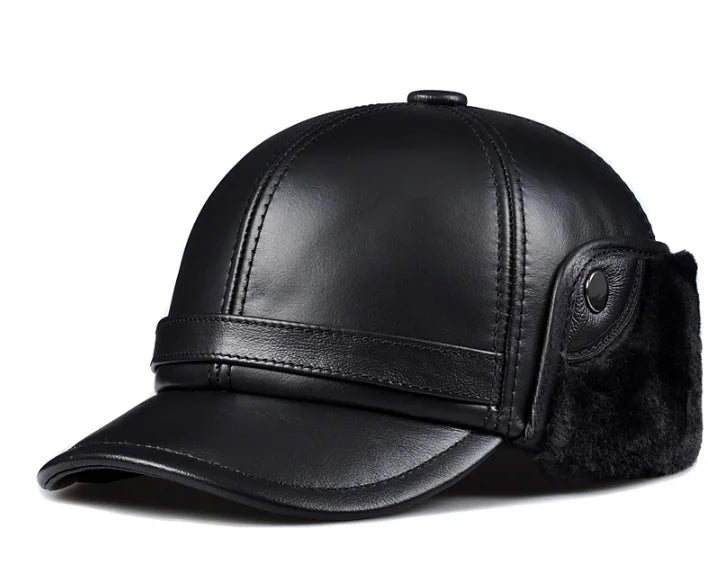 Winter Men's  Hat Thicken Leather Cowhide Baseball Caps With Ears Warm Snapback Dad's Hats Sombrero De Cuero Del Hombre