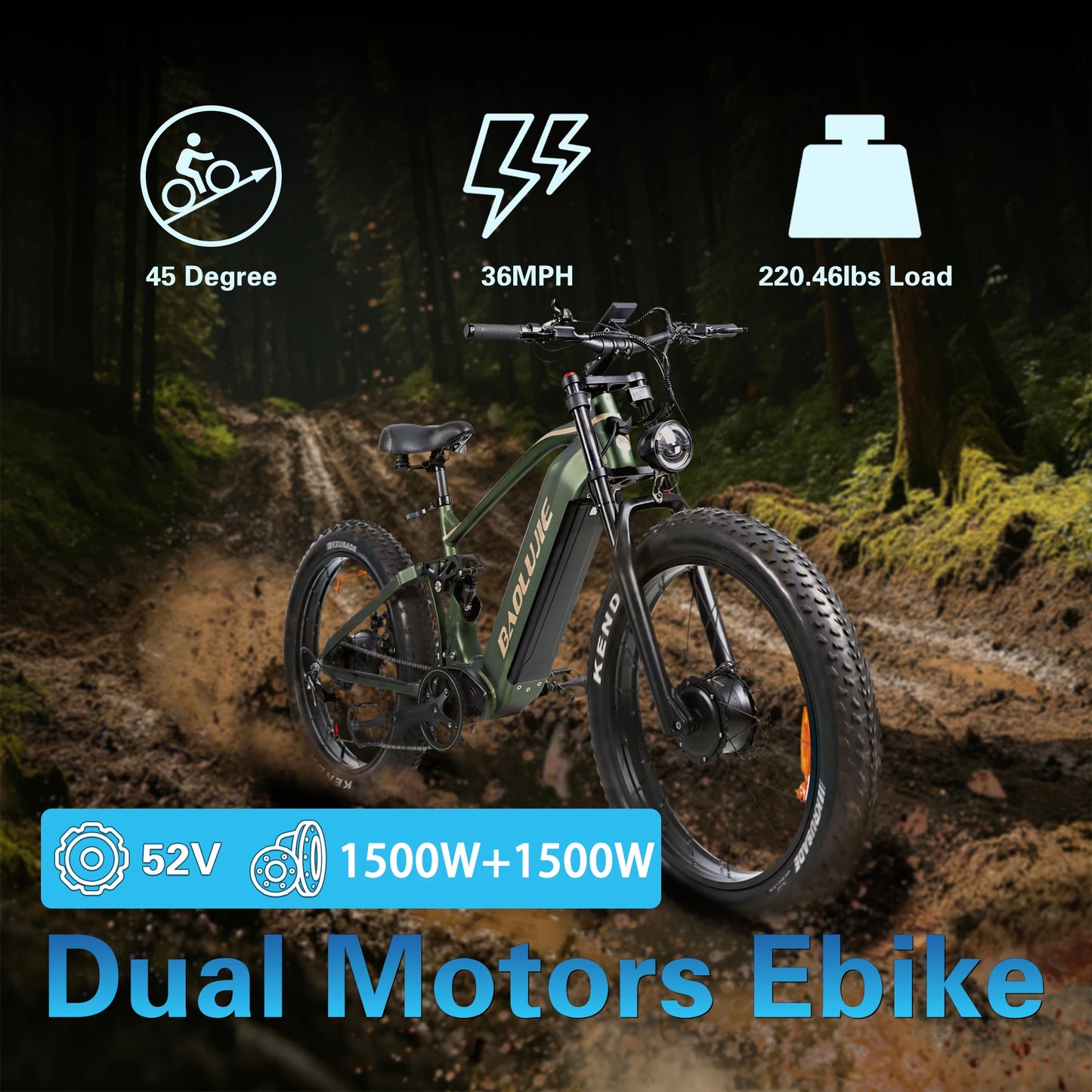 BAOLUJIE P2 Adults Electric Bike 5000W Peak Dual Motors  52V23AH Battery Up to 36 mph Electric Bicycle Dual Shock Absorber Ebike