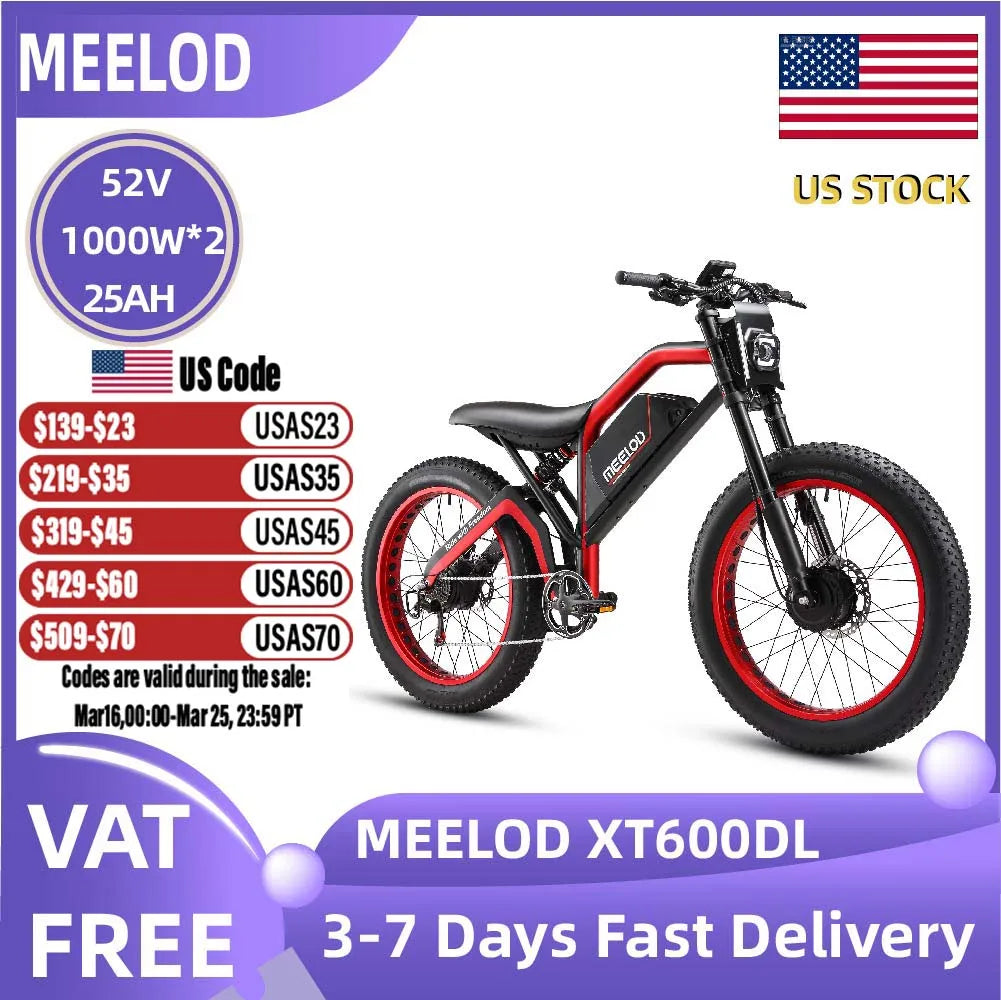 MEELOD XT600DL  Adult E-bike 26-inch Fat Tire E-Mountain bike 1000W*2 motor  52V25Ah battery commute Electric Bike