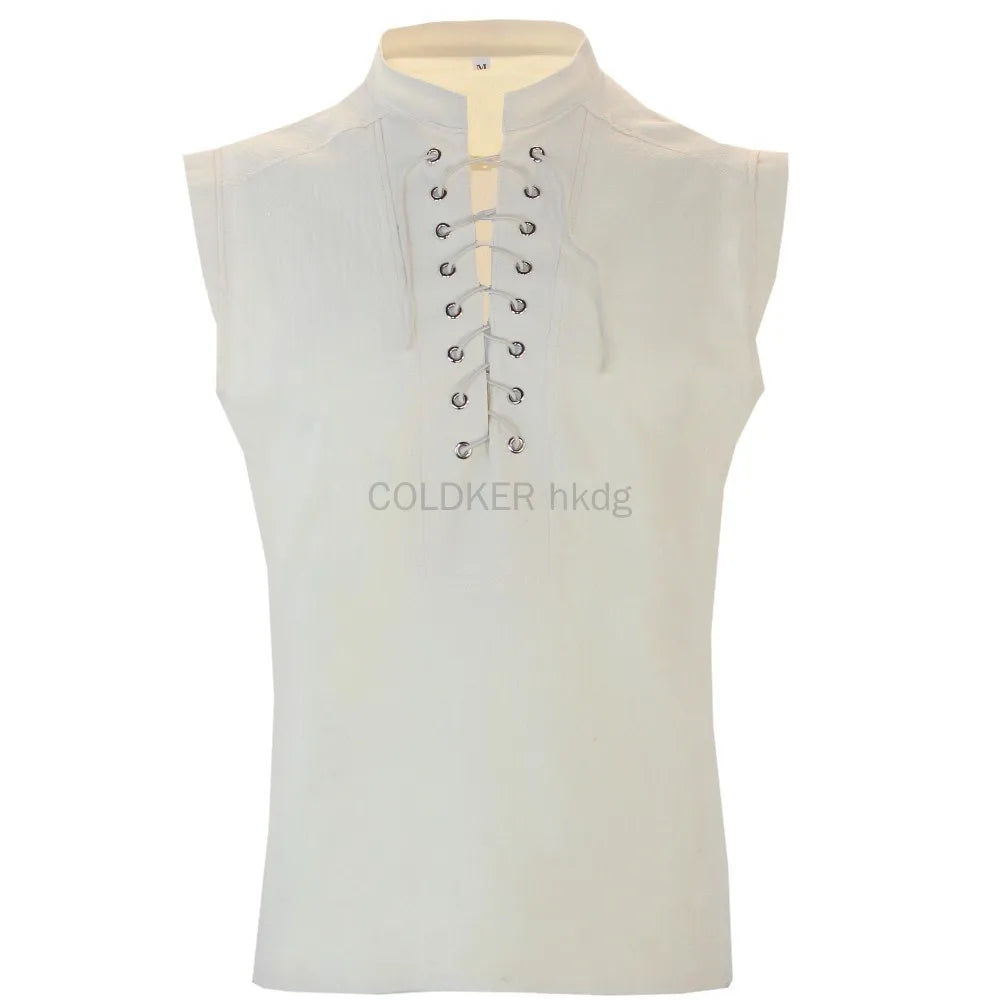 Men's Casual Shirt Black Green Steampunk Gothic Tank Tops Medieval Shirt Lace-Up Sleeveless Renaissance Pirate Shirts for Men