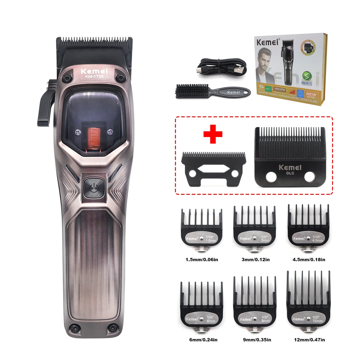 KEMEI KM-1726 Hair Clippers Men Professional with DLC Blade 10000RPM Magnetic Vector Motor Professional Hair Cutting Machine