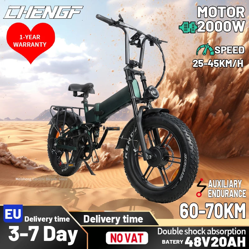 2000W 48V 20AH 20X4.0 Fat Tires, Aluminum Alloy Frame, Adult Electric Bicycle, Foldable, Hydraulic Brake