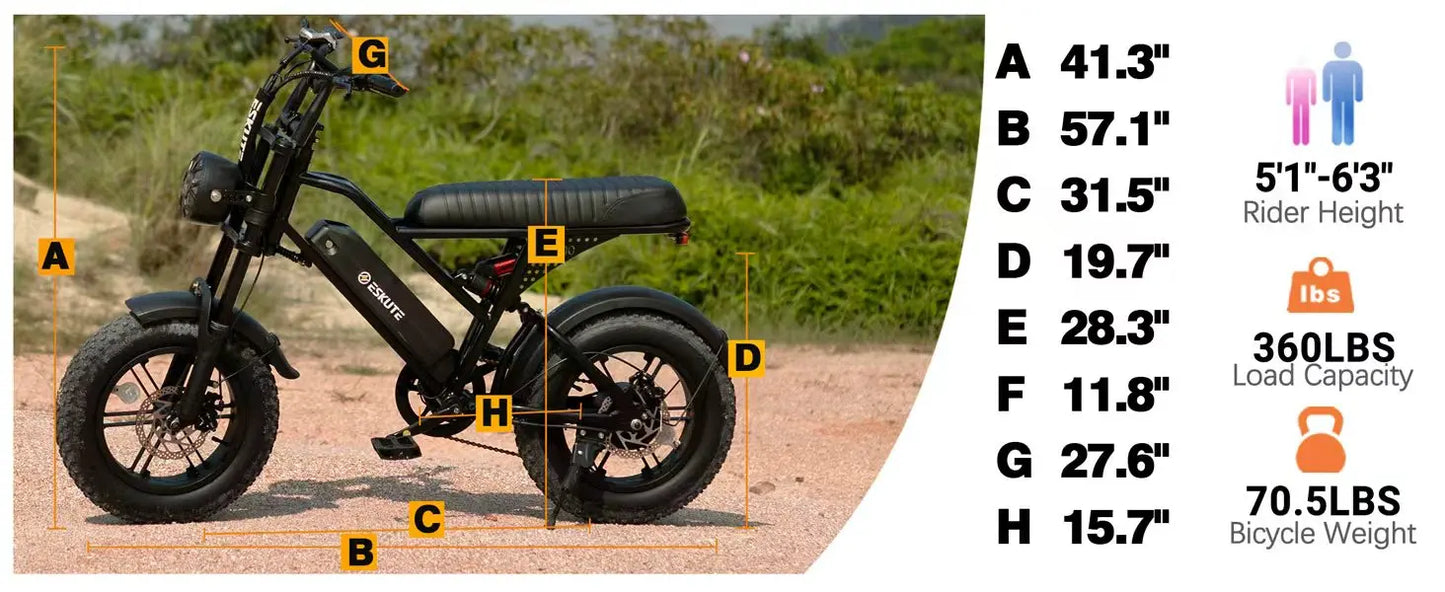 Eskute V100 Electric Bike, 1500W Peak 28MPH 48V13Ah Motorcycle, 16"x4" Fat Tire 7-Speed Dual Suspension E-Bike, 1 Year Warranty