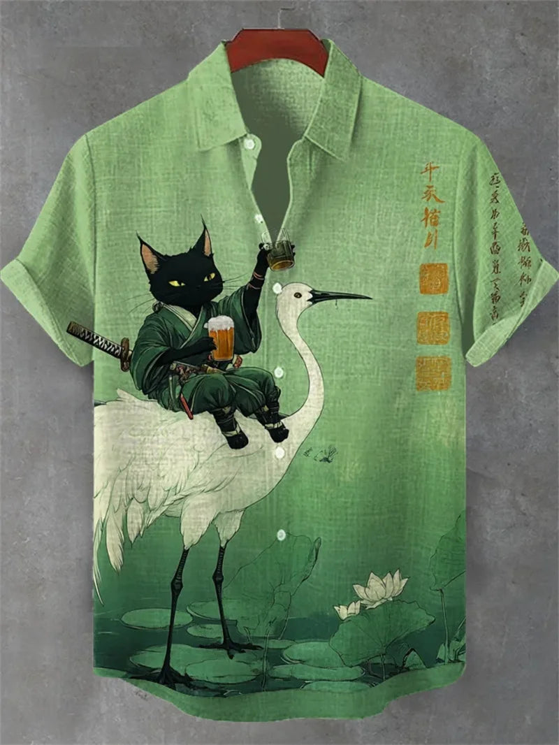 Men's Fun Black Cat Warrior Art 3D Animal Printed Casual Shirt Summer Men's Short sleeved Shirt Hawaiian Top