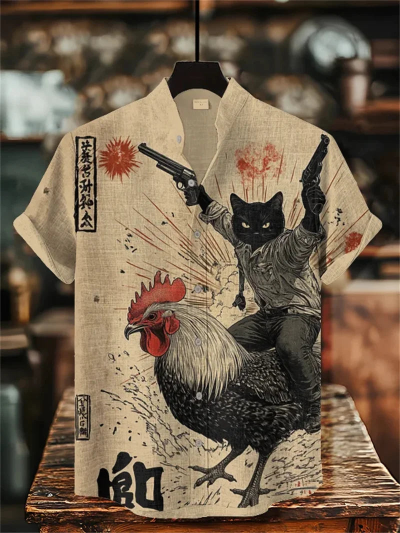 New Men's Linen Black Cat Art Shirt 3D Printed Casual Hawaiian Shirt Summer Men's Short Sleeve Shirt Beach Top