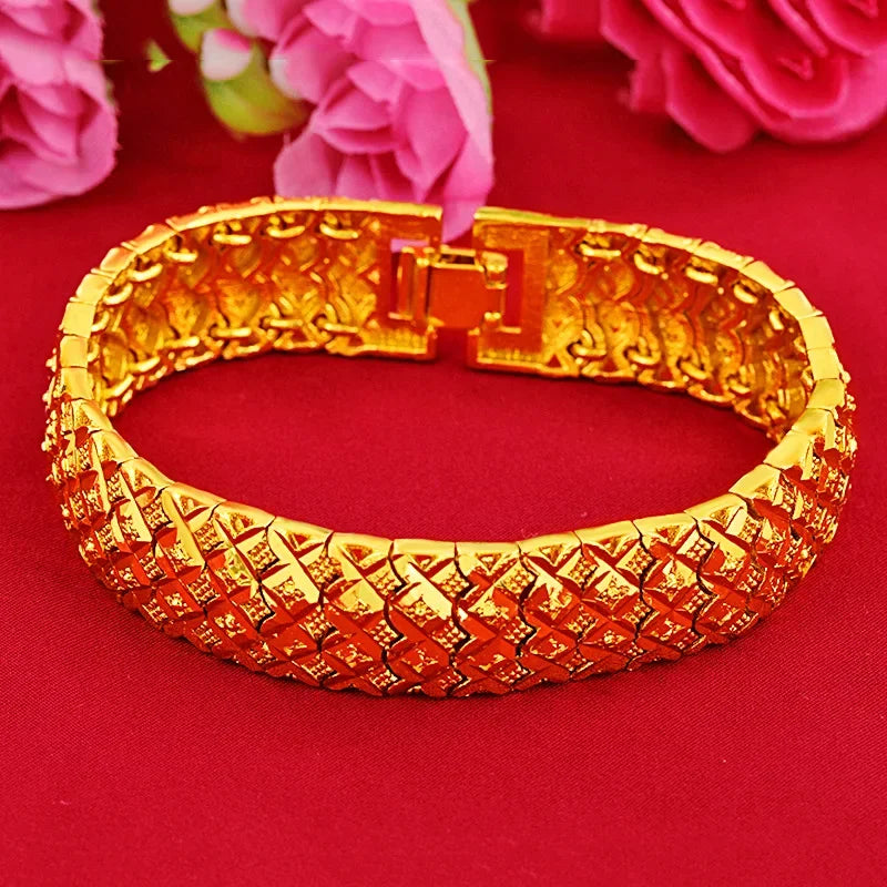 Pure 14k Gold Color Men's Watch Bracelet Gentleman Bracelets for Men Women Bangle Hand Chain Wedding Engagement Fine Jewelry
