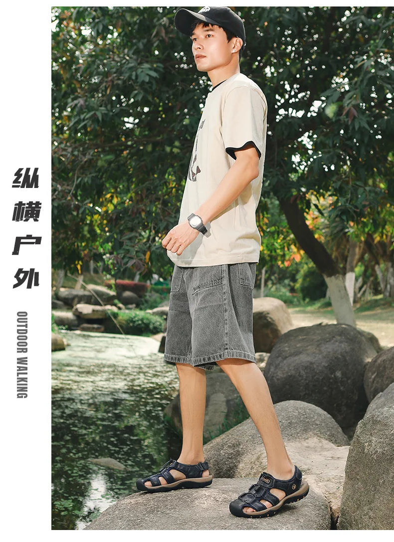 2025 Summer Men Sandals Leather Mens Casual Shoes Breathable Outdoor Sandals for Men Beach Shoes Slippers Fashion Roman Shoes