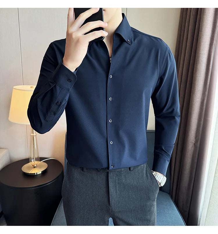 Men Dress Shirt 2025 Autumn British Style Solid Casual Slim Fit Formal Camisas V-neck Long Sleeves Shirt Streetwear Men Clothing