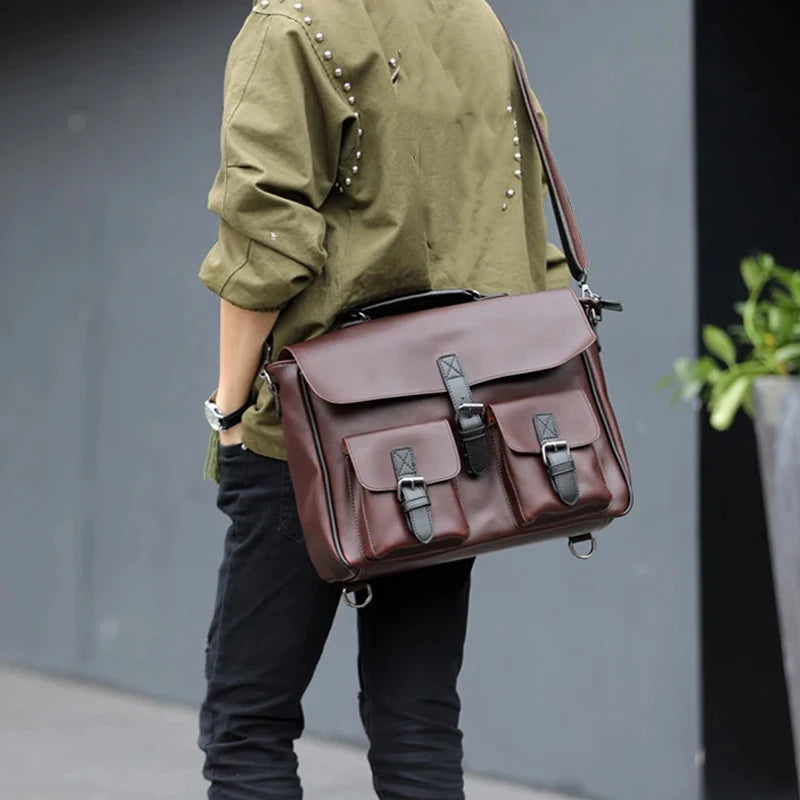 Men Leather Bag Men's Laptop Briefcase Bag Vintage Male Office Messenger Bag Business PU Leather Briefcase Bags For Man Backpack