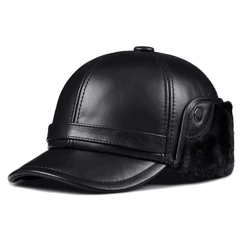 Genuine Cowhide Leather Faux Fur Caps Dad Warm Winter Hat For Men Velvet Flat-top Duck Tongue Ear Protection Outdoor Bomber Gorr