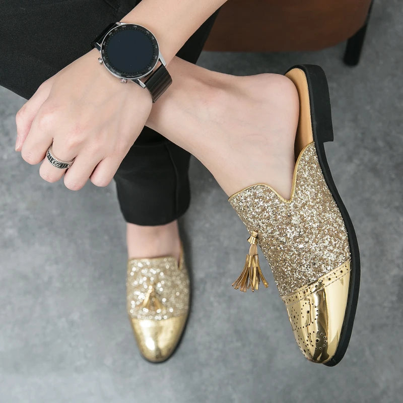 2024 New Luxury Designer Men's Casual Bling Leather Loafers Italian for Men Half Shoes Mules Male Black Slides Business Slippers
