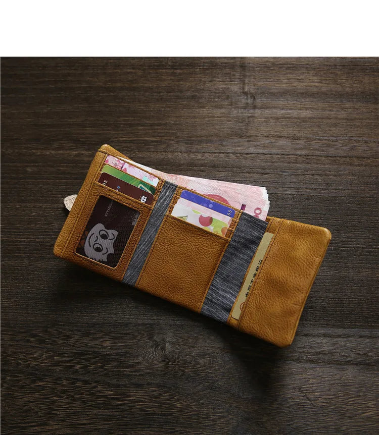 2025 Handmade Wallet Men's Short Leather Triple Fold Money Clip Cowhide Youth Buckle Student Vertical Vegetable Tanned Leather