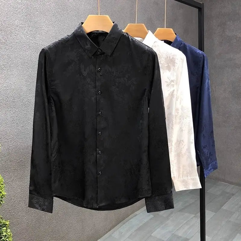 Men's High-end Shirt Spring and Autumn Summer Long-sleeved Handsome Dark Pattern Shirt Slim and Trendy Brand Versatile Top