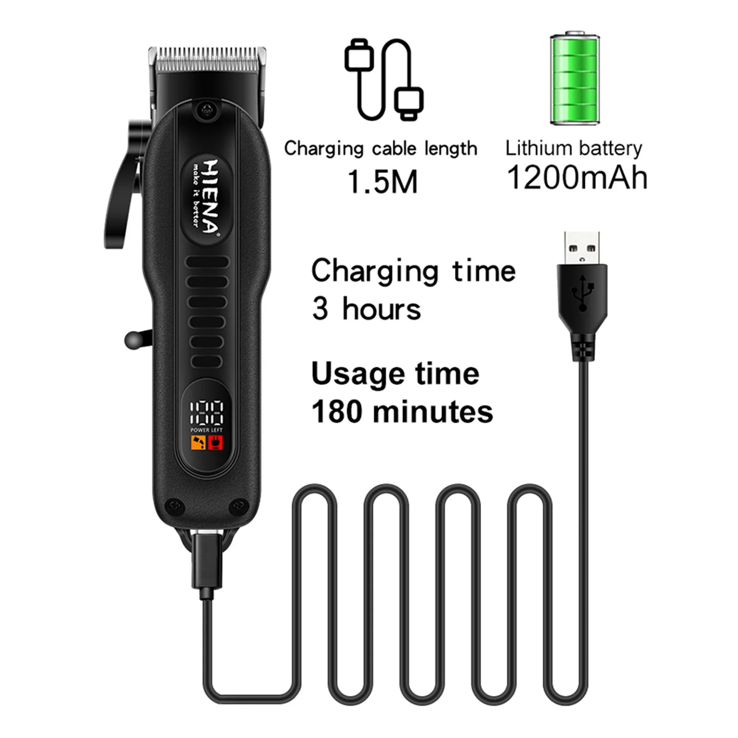 HYN-222 Professional Hair Clippers 5V1A Rechargeable Hair Trimmer Stainless Steel Blade Black Washable Head For Men Styling Tool