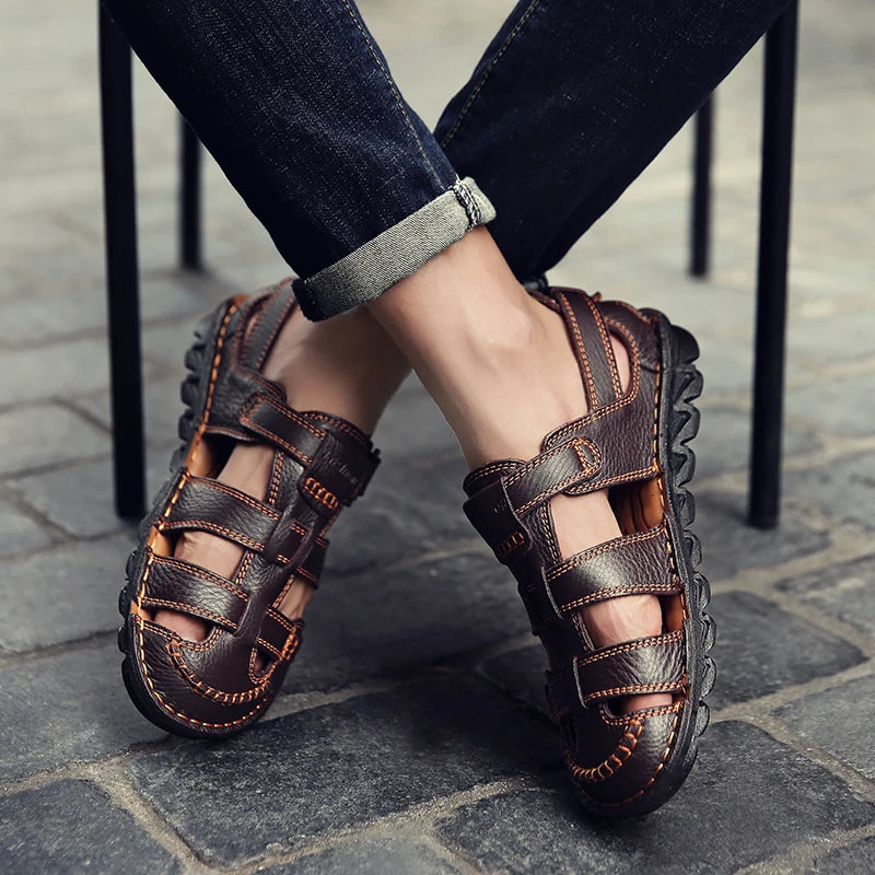 New Summer Genuine Leather Roman Men's Sandals Business Casual Shoes Outdoor Beach Wading Slippers Men's Shoes Big Size 48