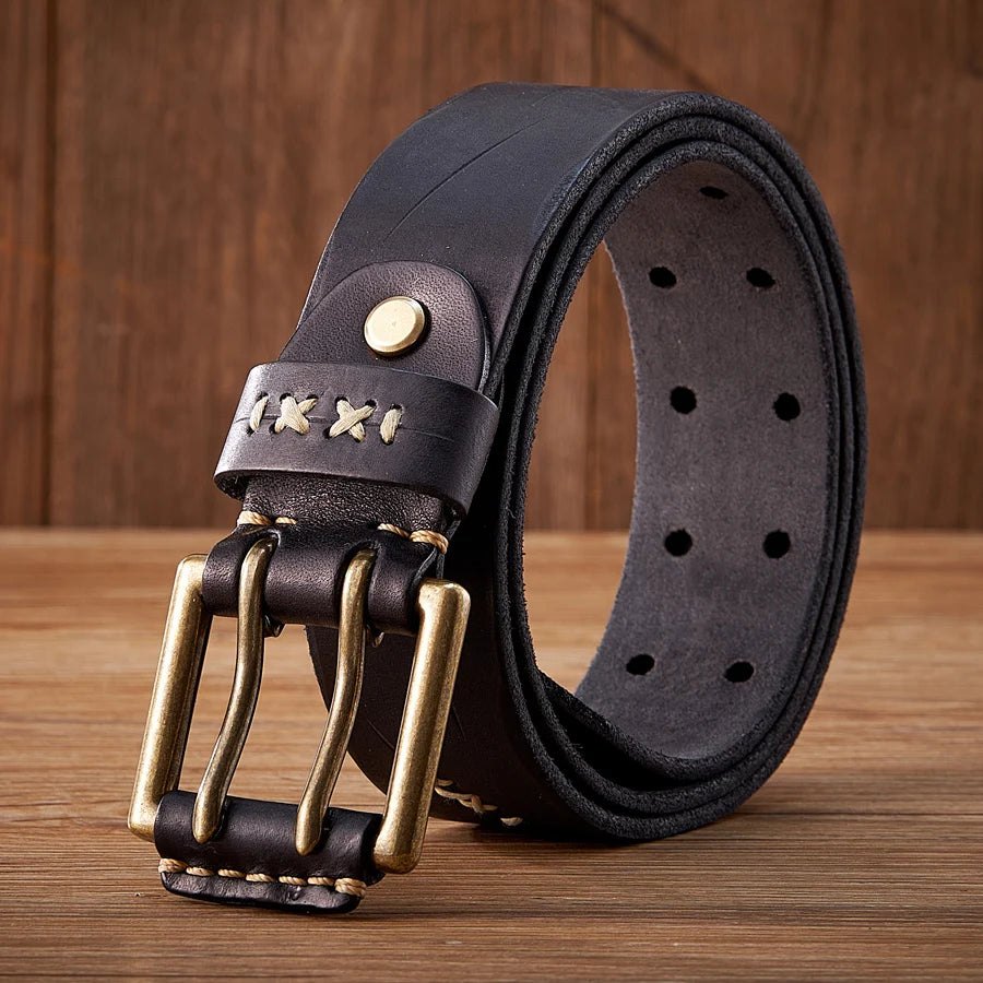 3.8CM Original Genuine Leather Army Tactical Belt Double-needle Buckle Men's Belt Washed Water Made Old Macho Jeans Belt