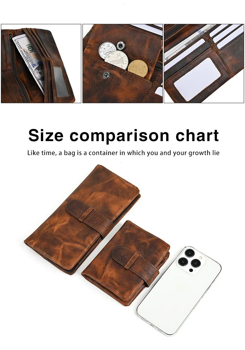 Vintage Genuine Leather Men's Long Wallet Real Cowhide Leather Long Purse Men Women Smooth Skin Leather Card Purse Anti Theft