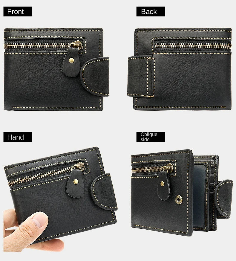 Men's Crazy Horse Leather Short Wallet Genuine Leather Buckle Wallet Vintage Top Layer Cowhide Card Holder Multi-Card  Wallet