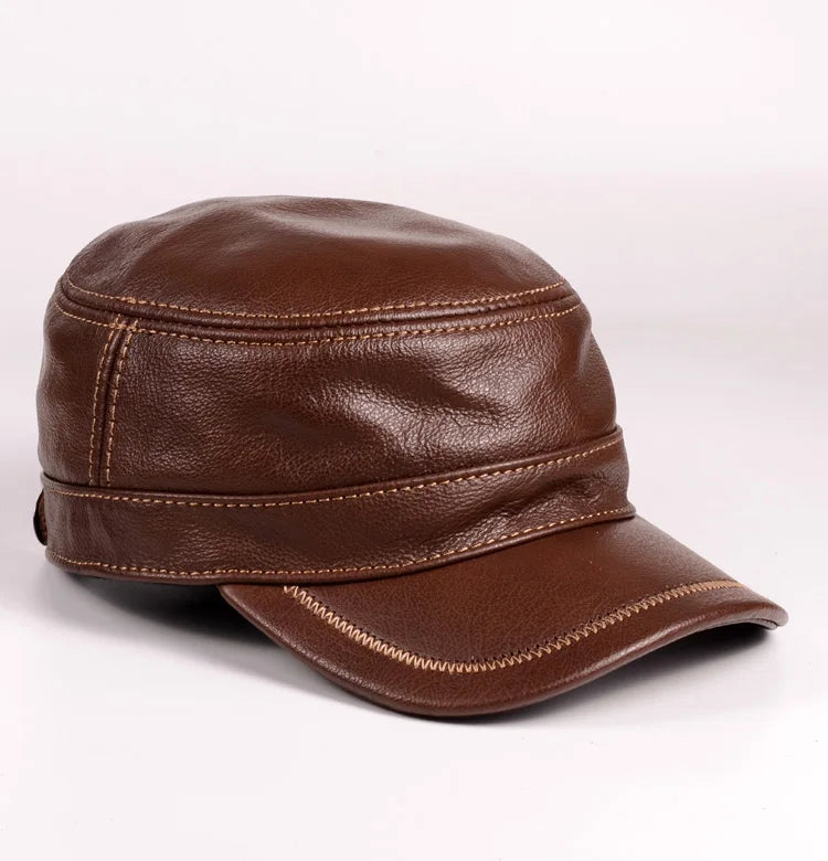 Hat Men Winter Male Genuine Leather Quality Cowhide Casual Thin Flat Top Cap Hombre Black Brown Solid Color Trucker Casquette