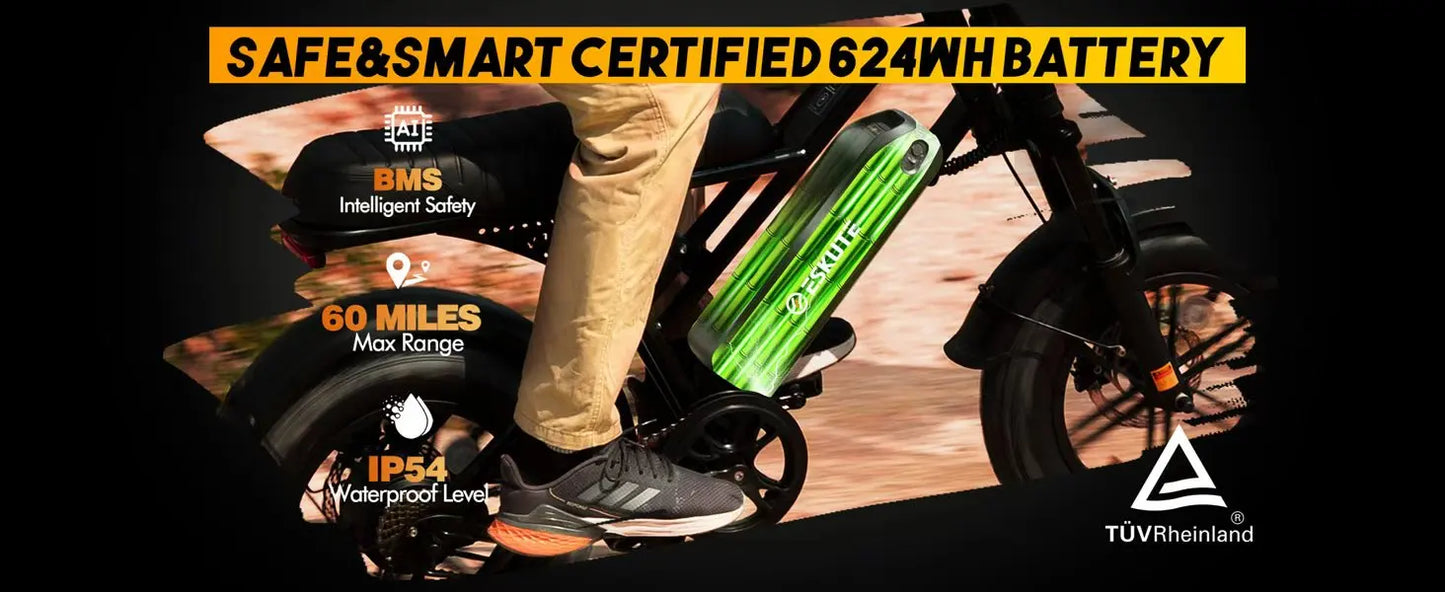 Eskute V100 Electric Bike, 1500W Peak 28MPH 48V13Ah Motorcycle, 16"x4" Fat Tire 7-Speed Dual Suspension E-Bike, 1 Year Warranty