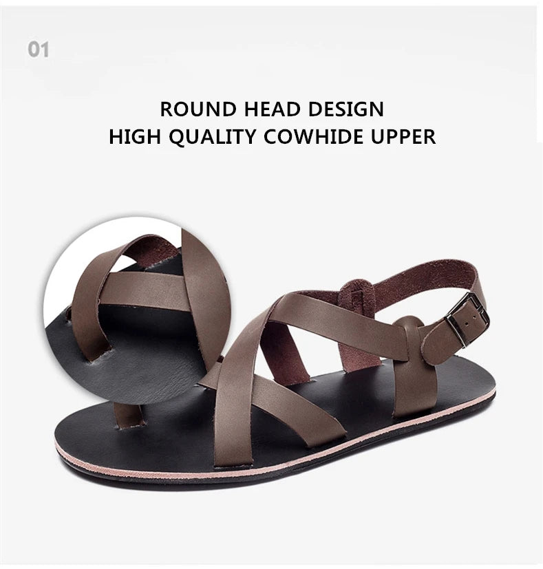 New Summer Sandals Men Open Toe Genuine Leather Sandals Hollow-out Retro Handmade Comfortable Breathable Outdoor Beach Shoes