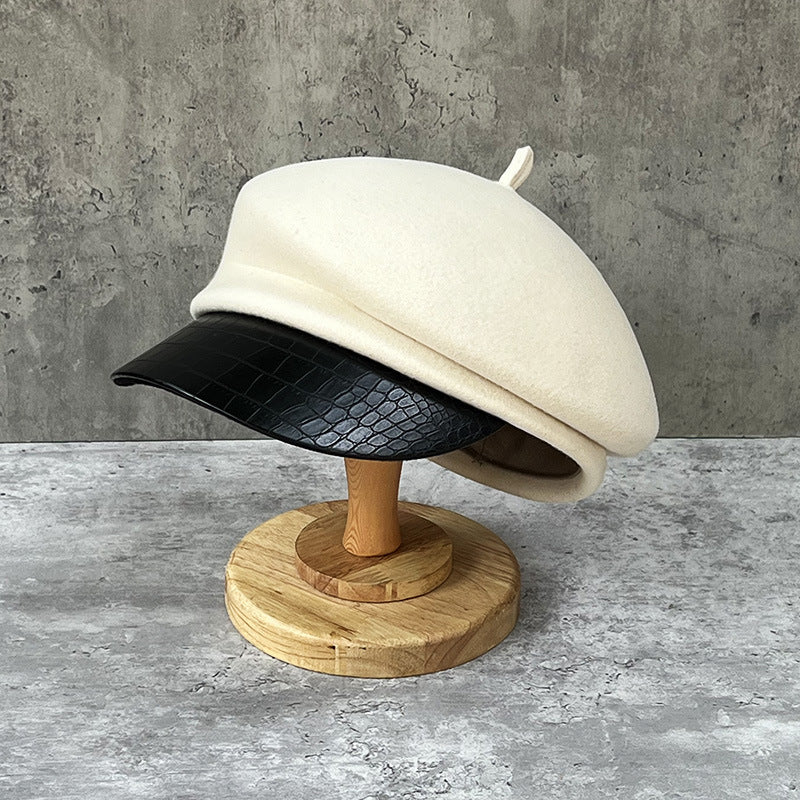 Fashion leather brim wool beret women's autumn/winter Korean style newsboy hat British knight hat duck cap Japanese system