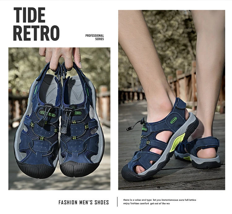 2024 Men Genuine Leather Shoes Men's Sandals Durable Handmade Stitching Close Toe Non Slip Footwear for Indoor Outdoor Beach
