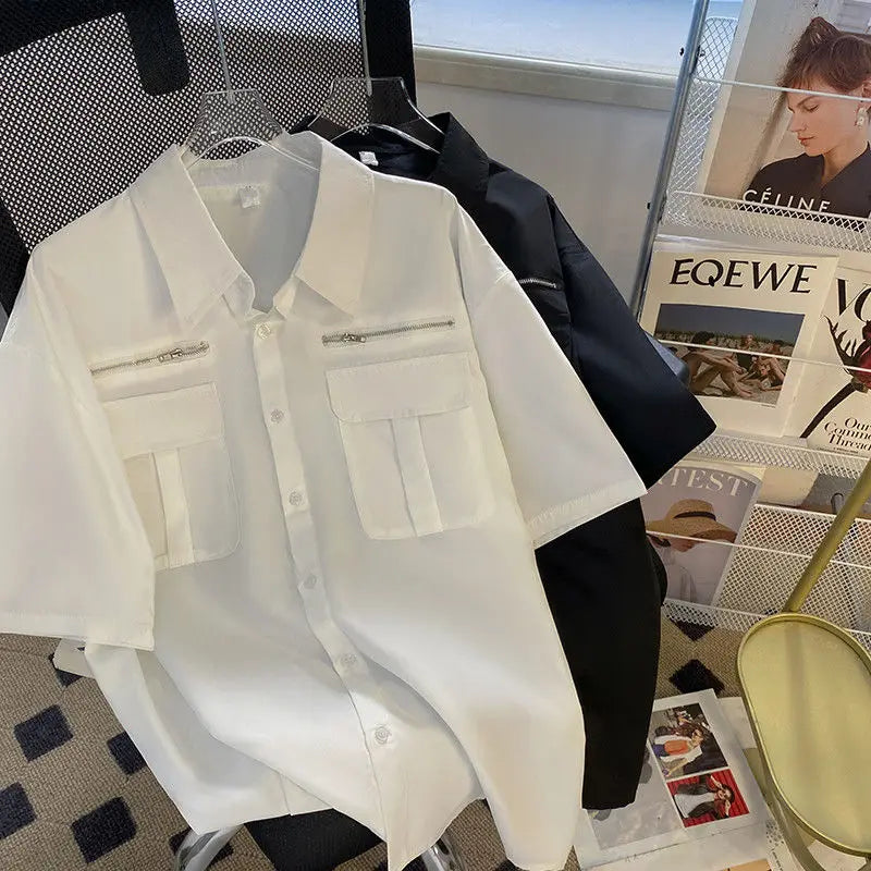 Working Short-sleeved Shirt Men's Summer High Street Niche High-end Design American Handsome Loose Casual Jacket