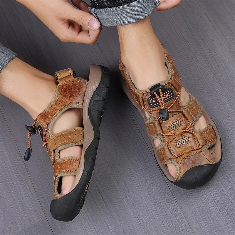 2025 Summer Men Sandals Leather Mens Casual Shoes Breathable Outdoor Sandals for Men Beach Shoes Slippers Fashion Roman Shoes