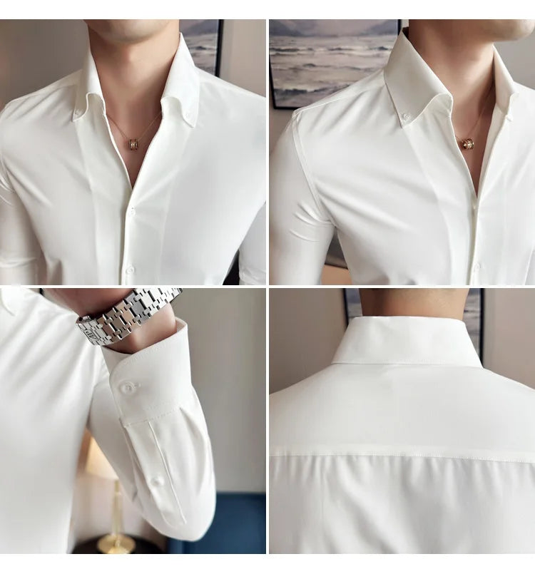 Men Dress Shirt 2025 Autumn British Style Solid Casual Slim Fit Formal Camisas V-neck Long Sleeves Shirt Streetwear Men Clothing