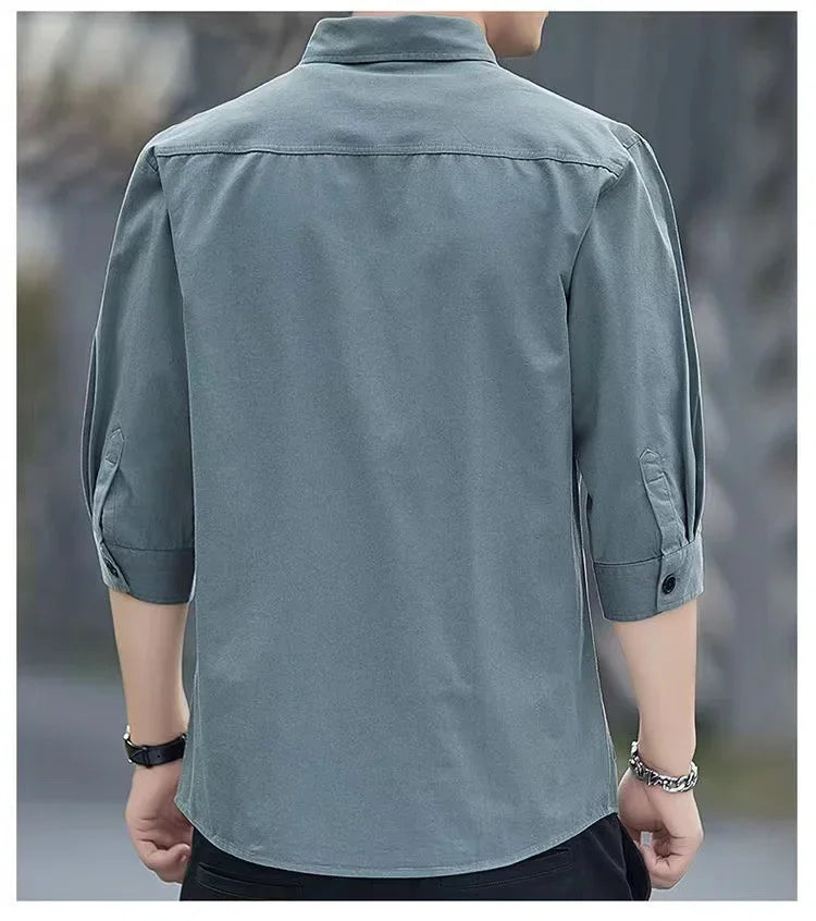 Men shirts Summer Men's clothing Short-Sleeved shirts & blouses Daily Solid Color Stand-Up Collar Casual Beach Style Male Shirt