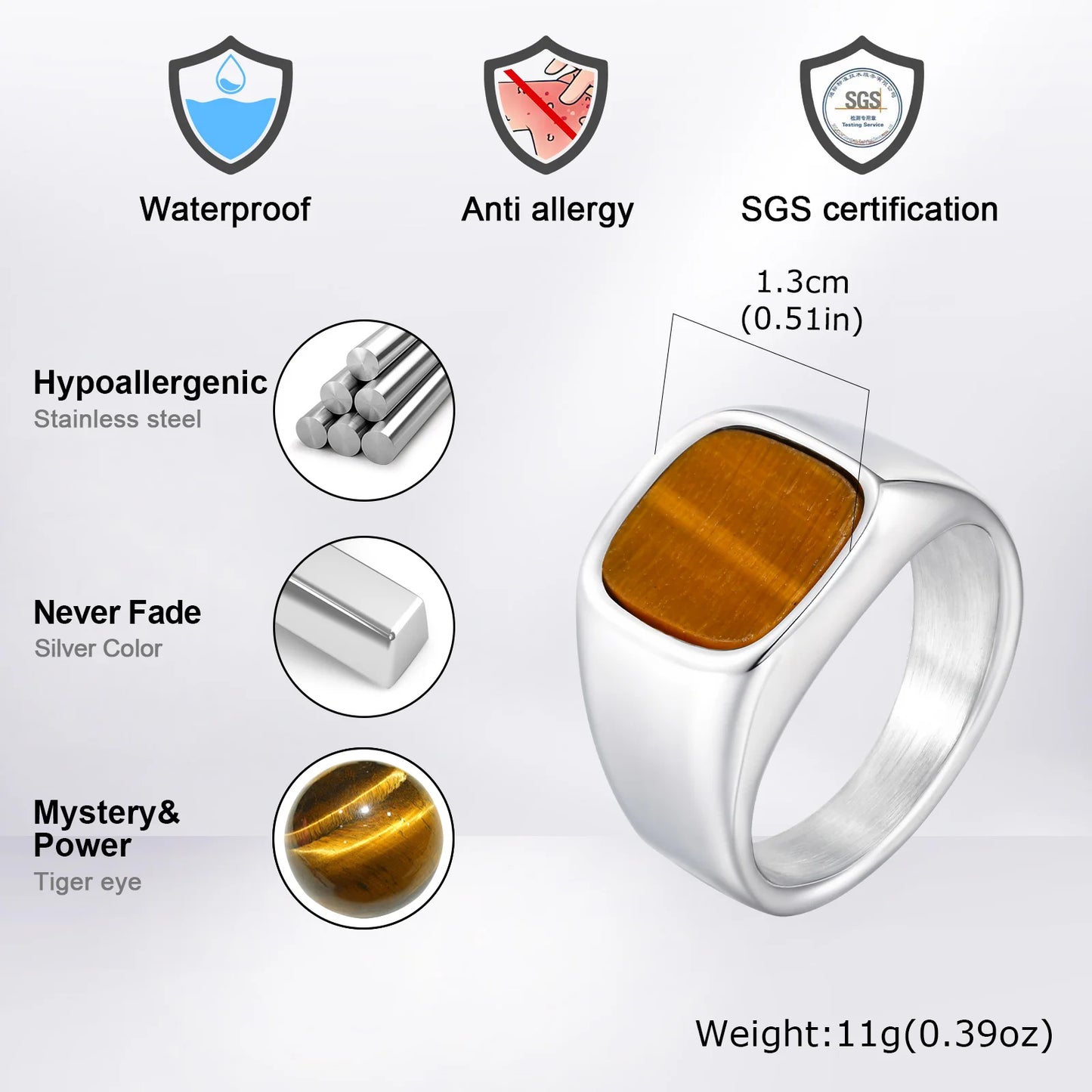 Stylish Square Natural Stone Ring for Men,Waterproof Stainless Steel Signet Ring,Birthday Party Gift for Him Dad