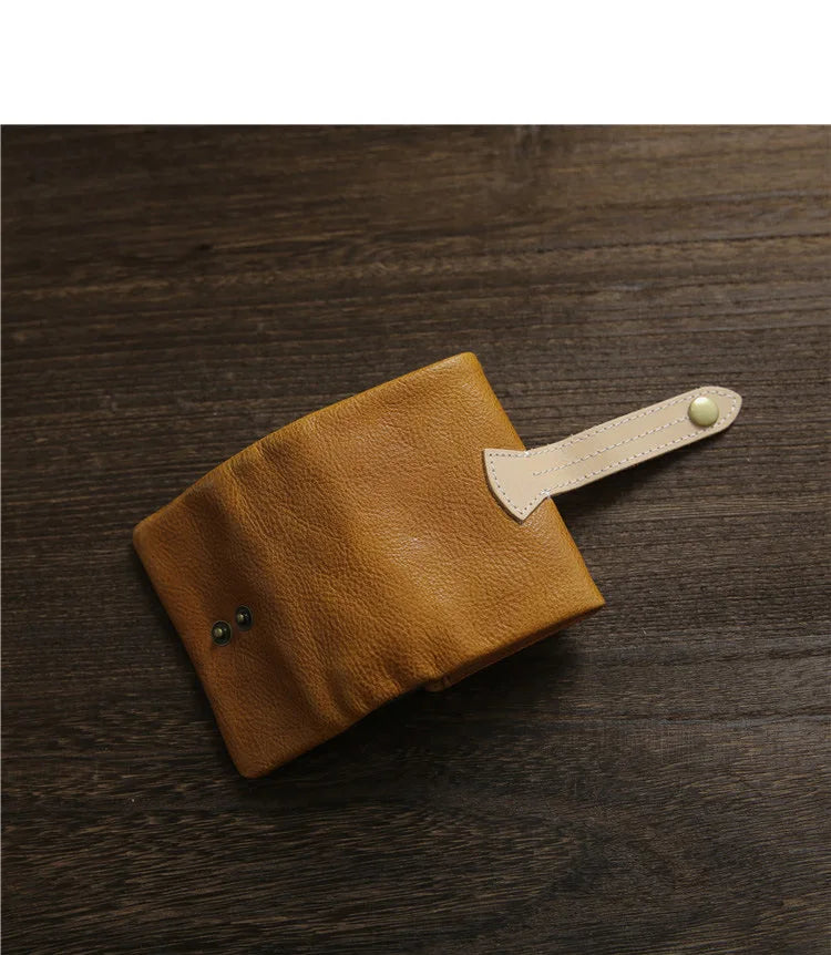 2025 Handmade Wallet Men's Short Leather Triple Fold Money Clip Cowhide Youth Buckle Student Vertical Vegetable Tanned Leather