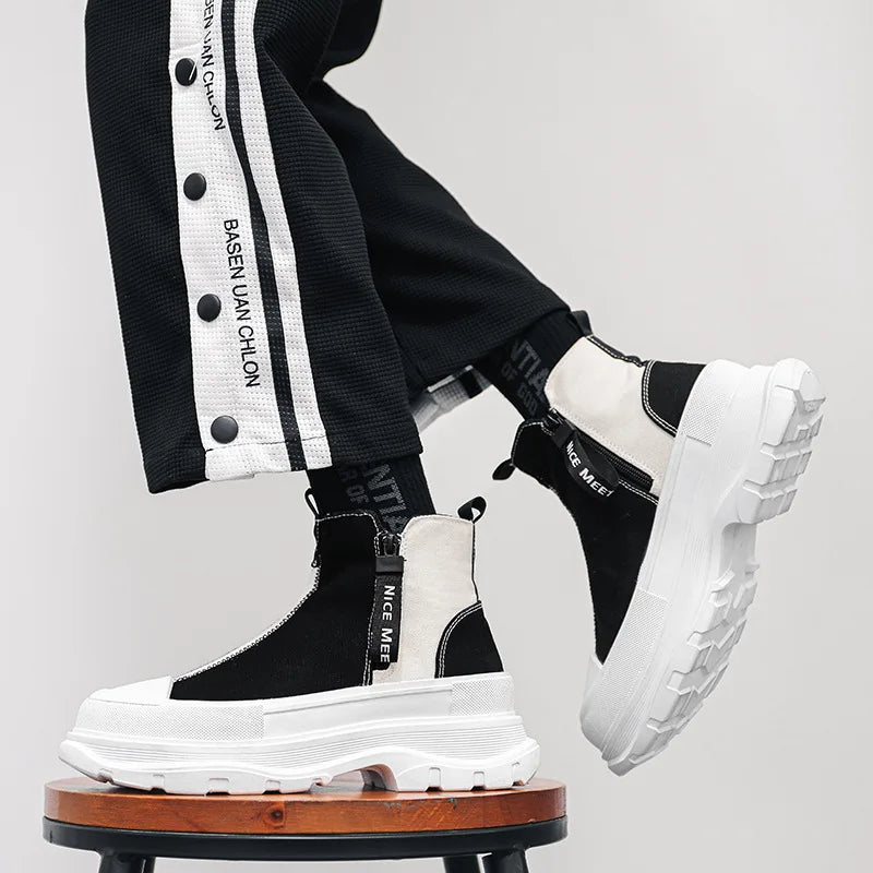 High-top Thick Soled Boots Men's Shoes for Spring Autumn Breathable Casual Chelsea Boots Men's Trend Canvass Side Zipper Sneaker