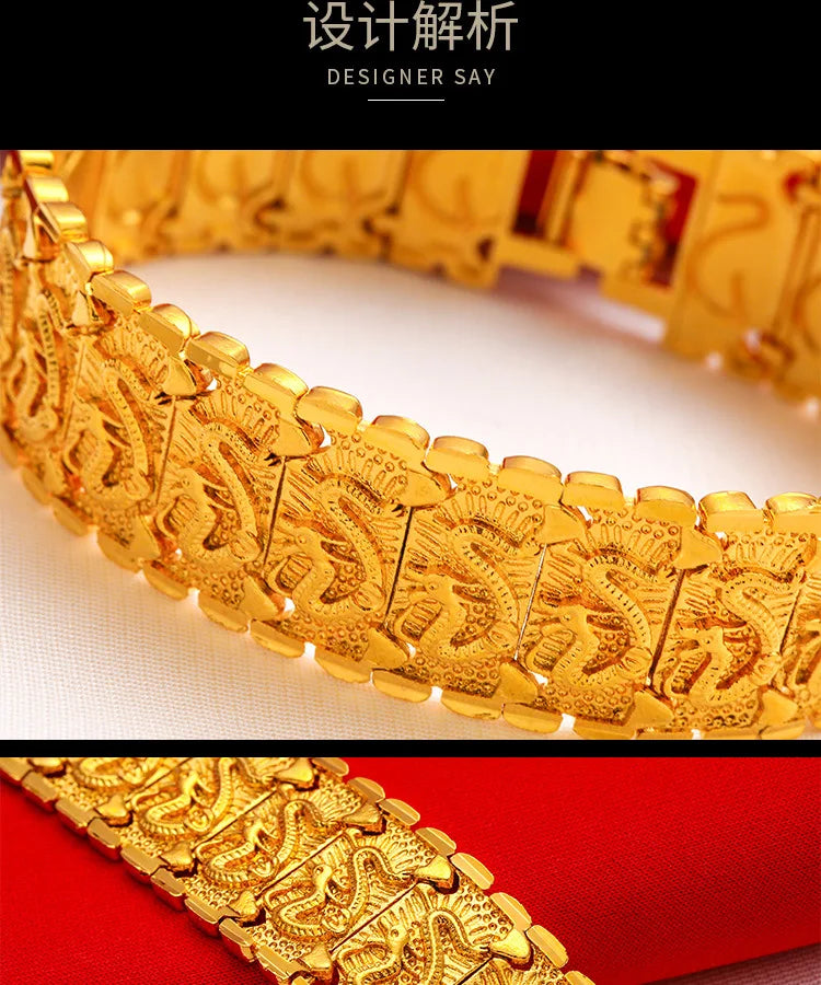 EternaGold Men's 24K Gold (AU999) Overbearing Long Dragon Watch Chain | Gold-inlaid dragon eyes, hammered dragon bone with adjus