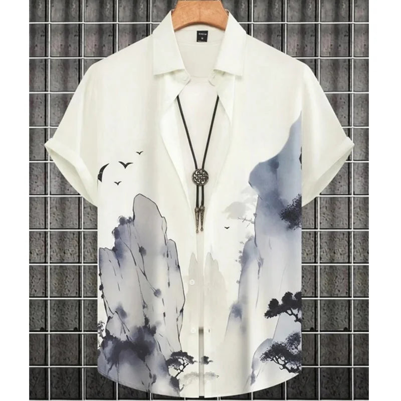 Fashion Shirt for Men 3d Ink Painting Prints Men'S Clothing Daily Casual Short Sleeve Beach Party Sweatshirt Street Hawaii Shirt
