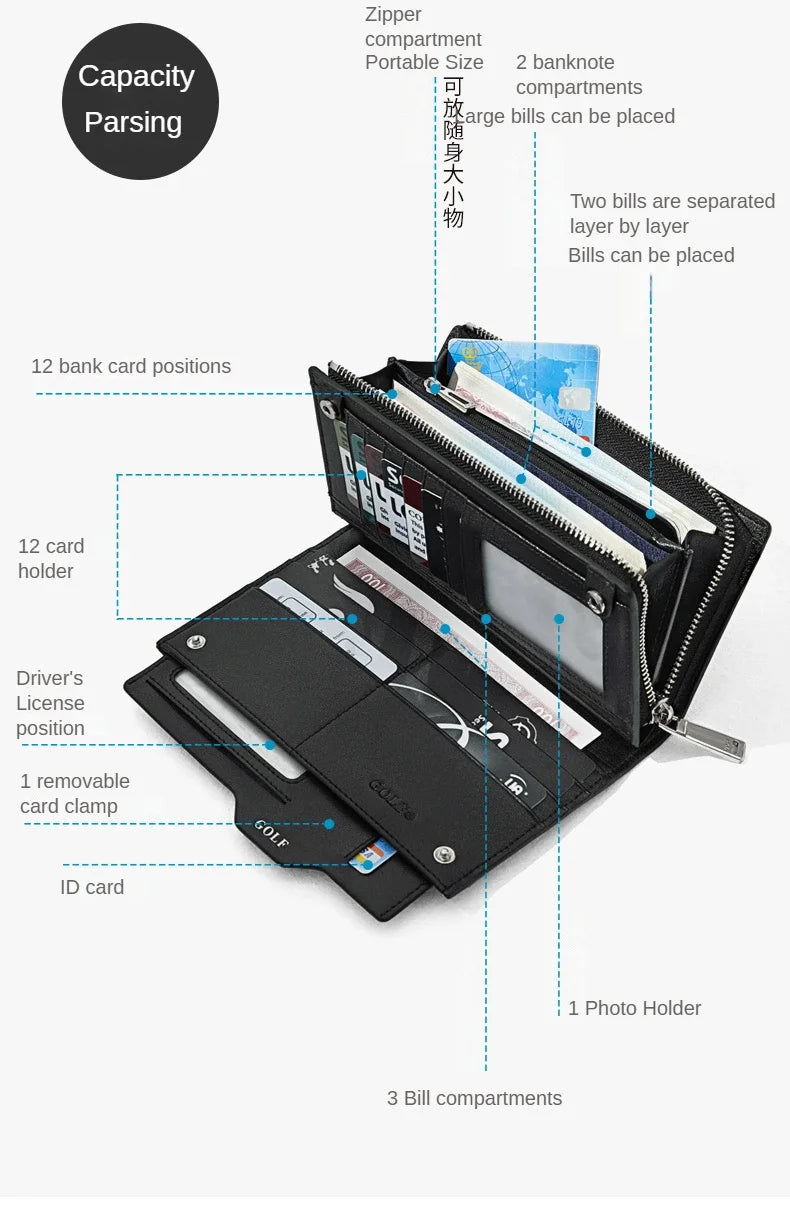 GOLF Long Wallet for Men Leather Male Clutch Bag Purse Wallet Wrist Bag Credit Card Organizer Hand Bags Money Clip Minimalist