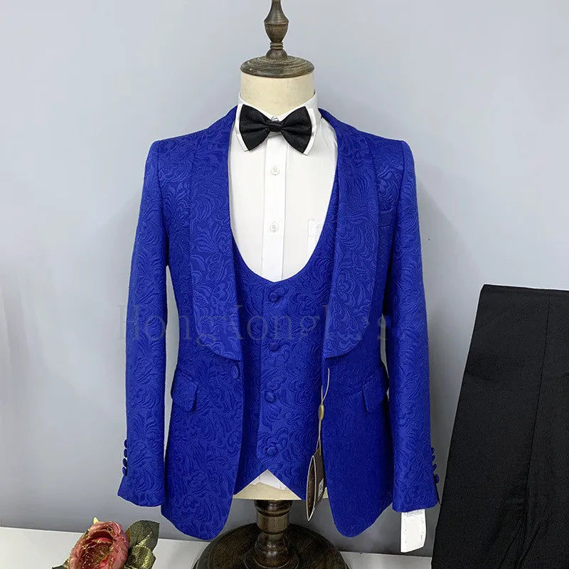 Hot Selling Men Suits Pattern and Black Groom Tuxedos Shawl Satin Lapel Groomsmen Wedding Best Man ( Jacket+Pants+Vest+Tie) C691