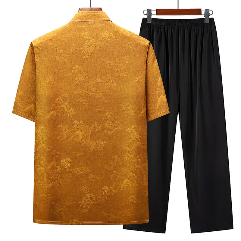 (Shirt + trousers) 2025 summer new fashion men shirt short sleeve shirts mens sets High quality shirts male Two Piece M-4XL