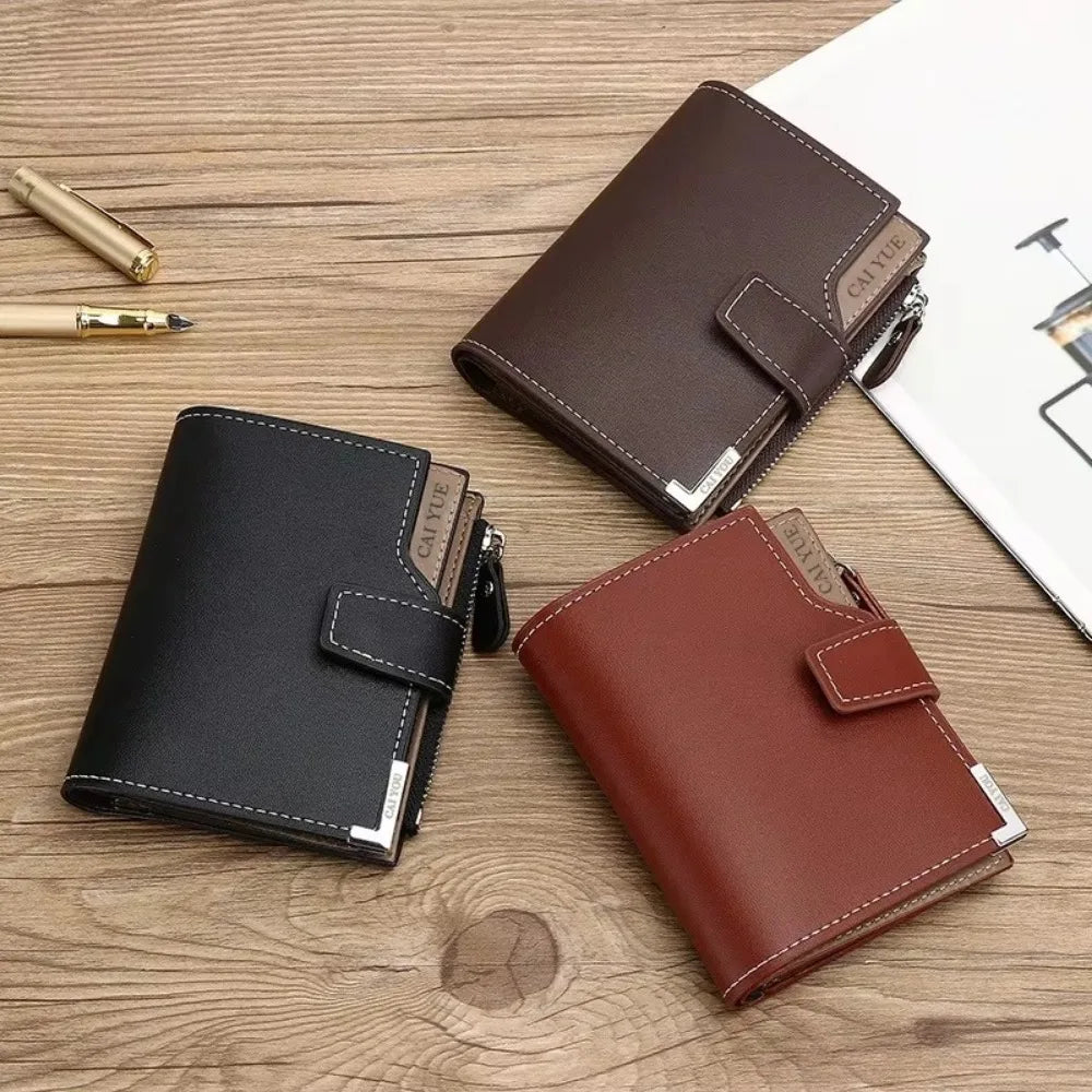 Luxury Short Men Tri- Fold Wallets PU Leather with Zipper Coin Purse Multifunctional Buckle Photo Card Holder Man Purses Wallet