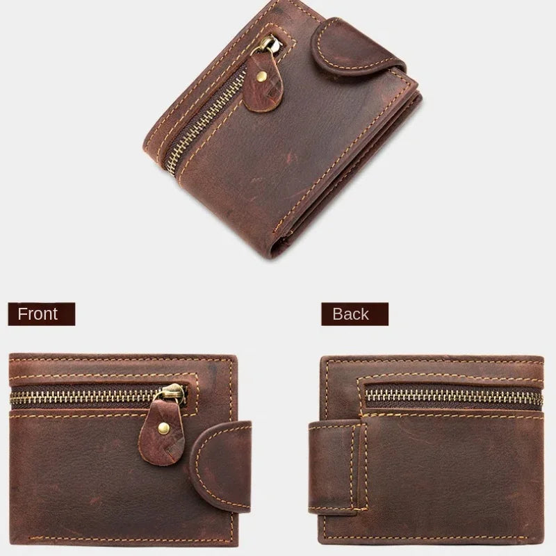 Men's Crazy Horse Leather Short Wallet Genuine Leather Buckle Wallet Vintage Top Layer Cowhide Card Holder Multi-Card  Wallet