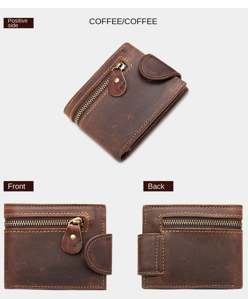 Men's Crazy Horse Leather Short Wallet Genuine Leather Buckle Wallet Vintage Top Layer Cowhide Card Holder Multi-Card  Wallet