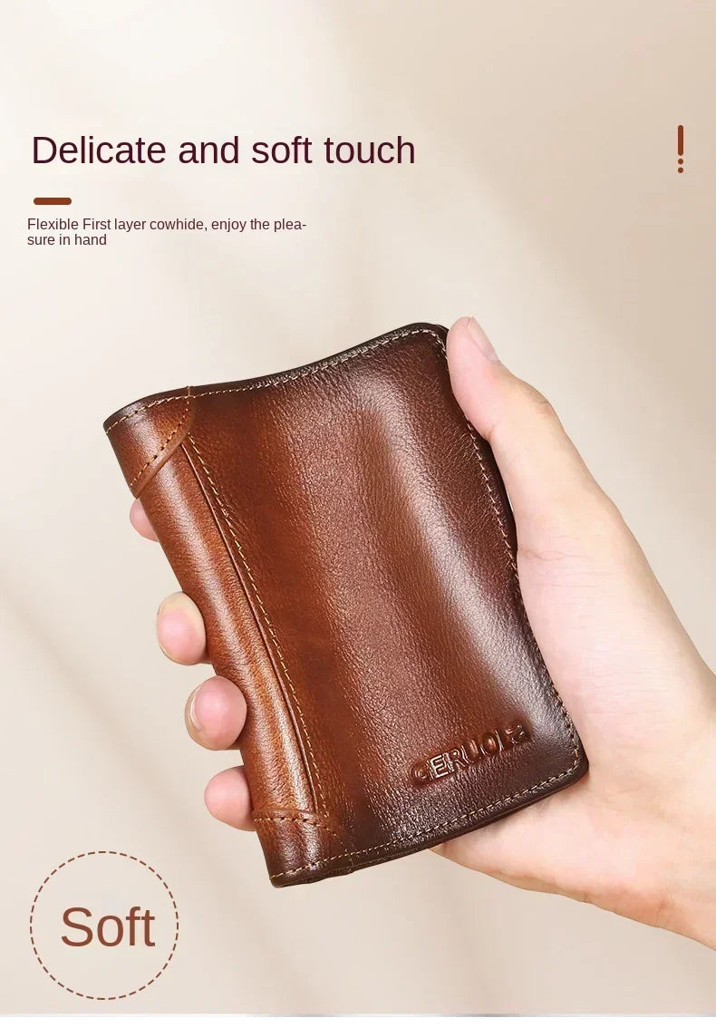 Men Wallet Genuine Leather Rfid Blocking Trifold Wallet Vintage Thin Short Multi Function ID Credit Card Holder Male Purse Money