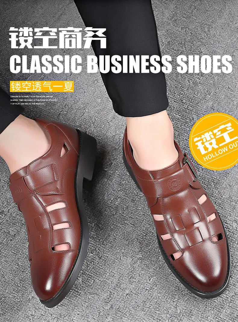 Men's Summer New Style Business Casual Genuine Leather Sandals With Hollow Outsole Anti-Slip Middle-Aged Father Leather Shoes