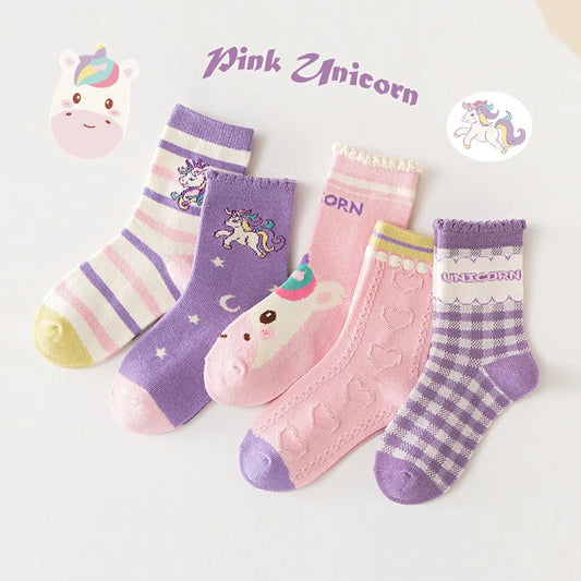 Children's Socks Spring Cotton Socks Girls Calf Socks Purple Unicorn Cartoon Socks Kids Trendy Pattern Socks 5 Pairs