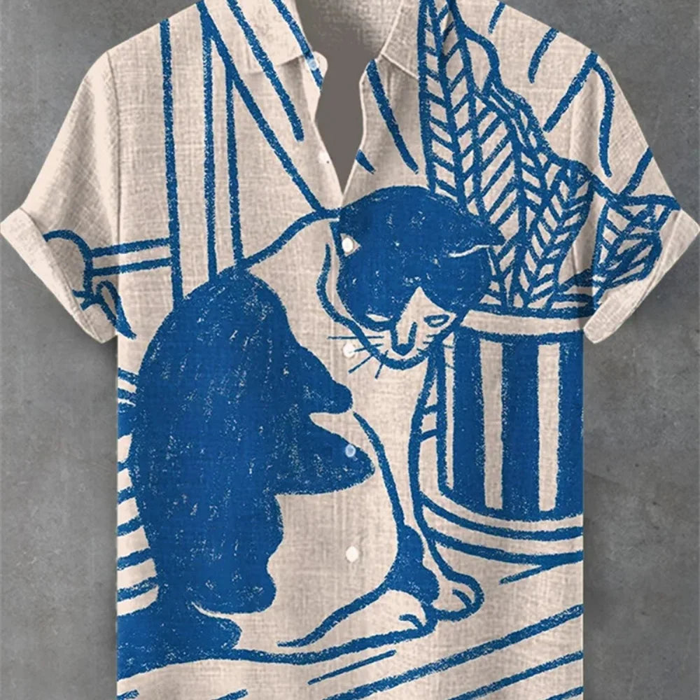Men's Japanese Retro Art Samurai Cat Printed Linen Shirt Short Sleeve Button up Classic Lapel Design Street Casual Social Top