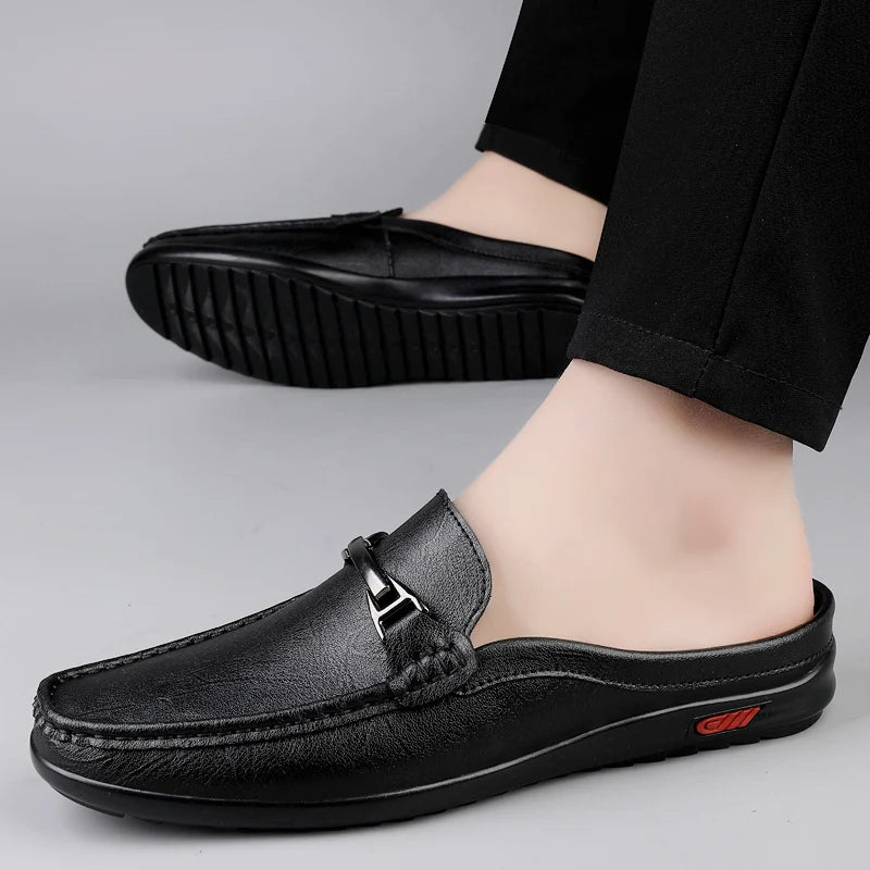 Men Casual Summer Shoes Hollow Out Men's Driving Shoes High Quality Male Business Shoes Half Slippers Genuine Leather Loafers