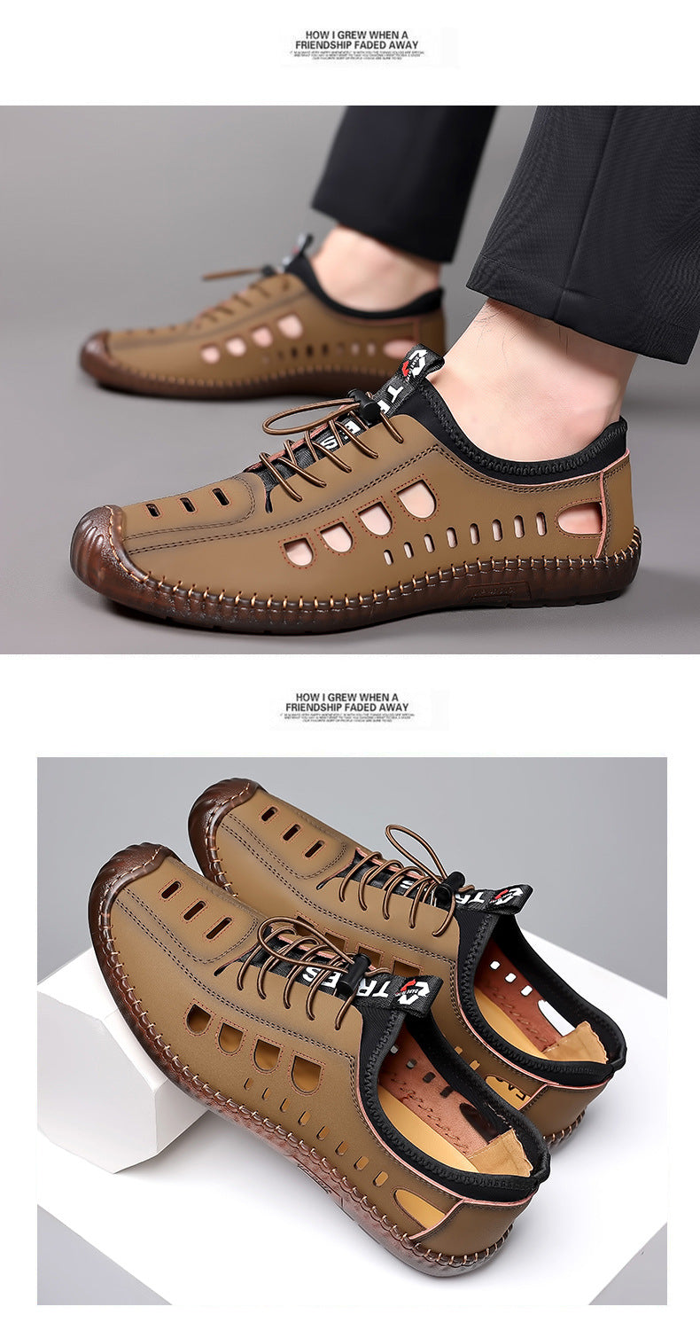 Men's Soft Leather 2024 Summer Men Leather Sandals Breathable Non-slip Cow Tendon Sole Casual Leather Shoes Outdoor Beach Shoes