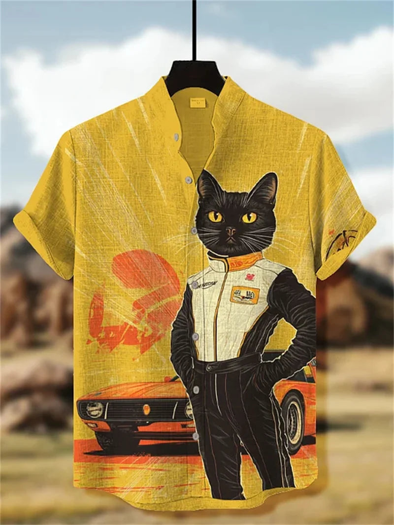 Men's Cat Ocean Art Shirt 3D Floral Print Casual Linen Hawaiian Shirt Summer Men's Short Sleeve Shirt Beach Top